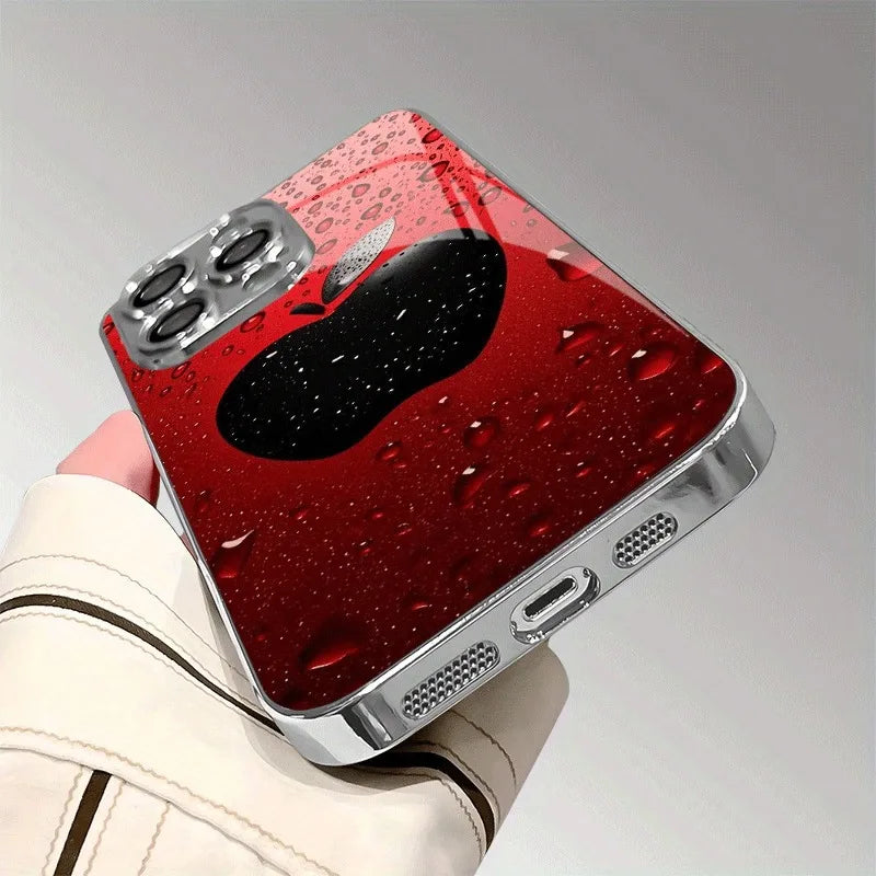 Advanced Lucky Red Water Drop Apple Pattern For iPhone Case Plating Silver Glass Design