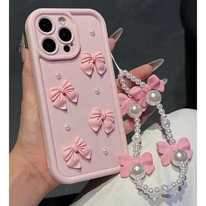 3D Elegant Bowknot Faux Pearl Chain Silicone Phone Case For iPhone Soft Cover