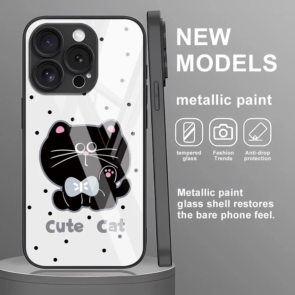 Cute Cat Phone Case For iPhone  Tempered Glass Shockproof Cover