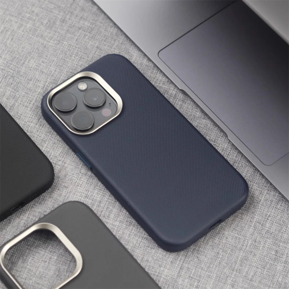 Luxury Alloy Lens Frame Particle PU Leather Magnetic Case For iPhone