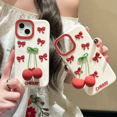 3D Bow Cherry Pendant Shockproof Cover Cartoon Shatter Silicone Soft Phone Case For iPhone