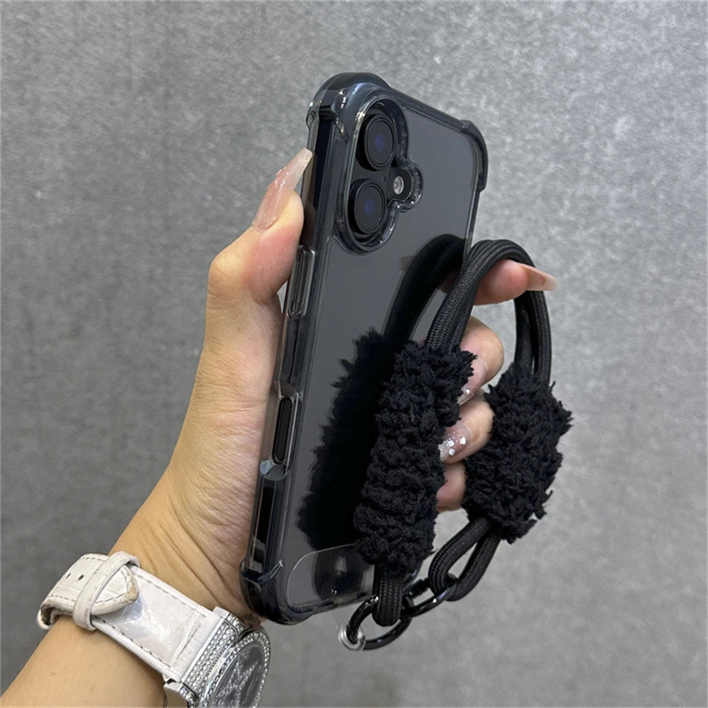 Hybrid Bumper Armor Transparent With Wrist Strap Case For iPhone Shockproof Air Bag Cover