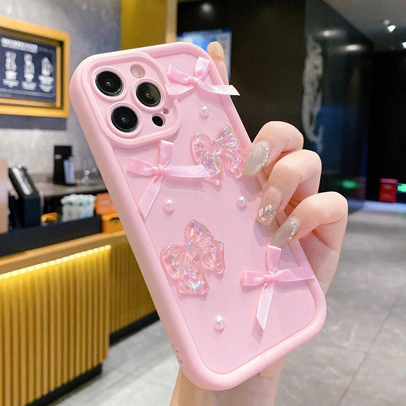 3D Bow Pearl Decorated Phone Case For iPhone Shockproof Silicone Soft Cover