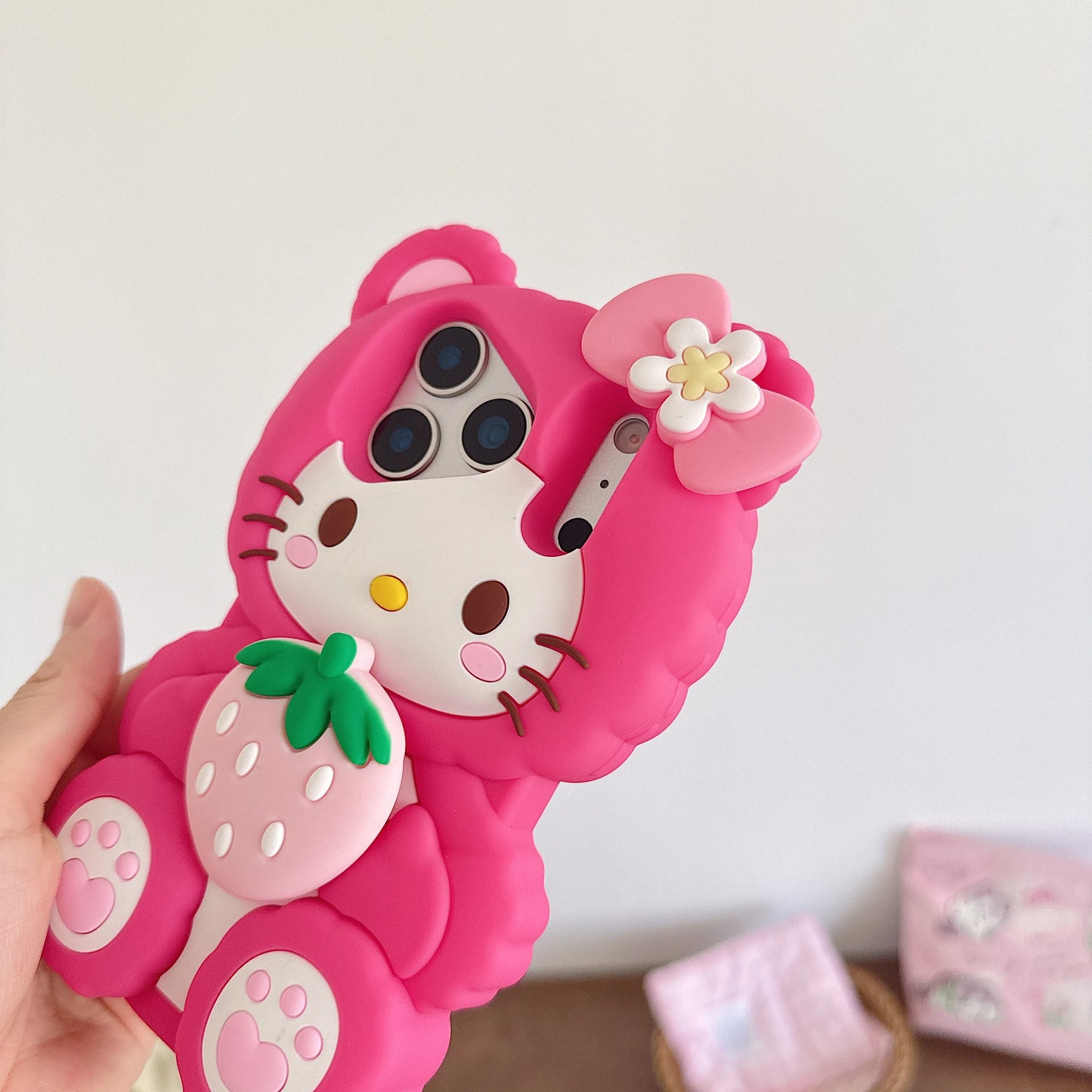 Korea Cute Bowknot Strawberries Sanrio Kitty Cat 3D Silicone Soft Phone Case For iPhone