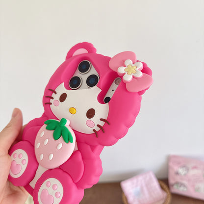 Korea Cute Bowknot Strawberries Sanrio Kitty Cat 3D Silicone Soft Phone Case For iPhone