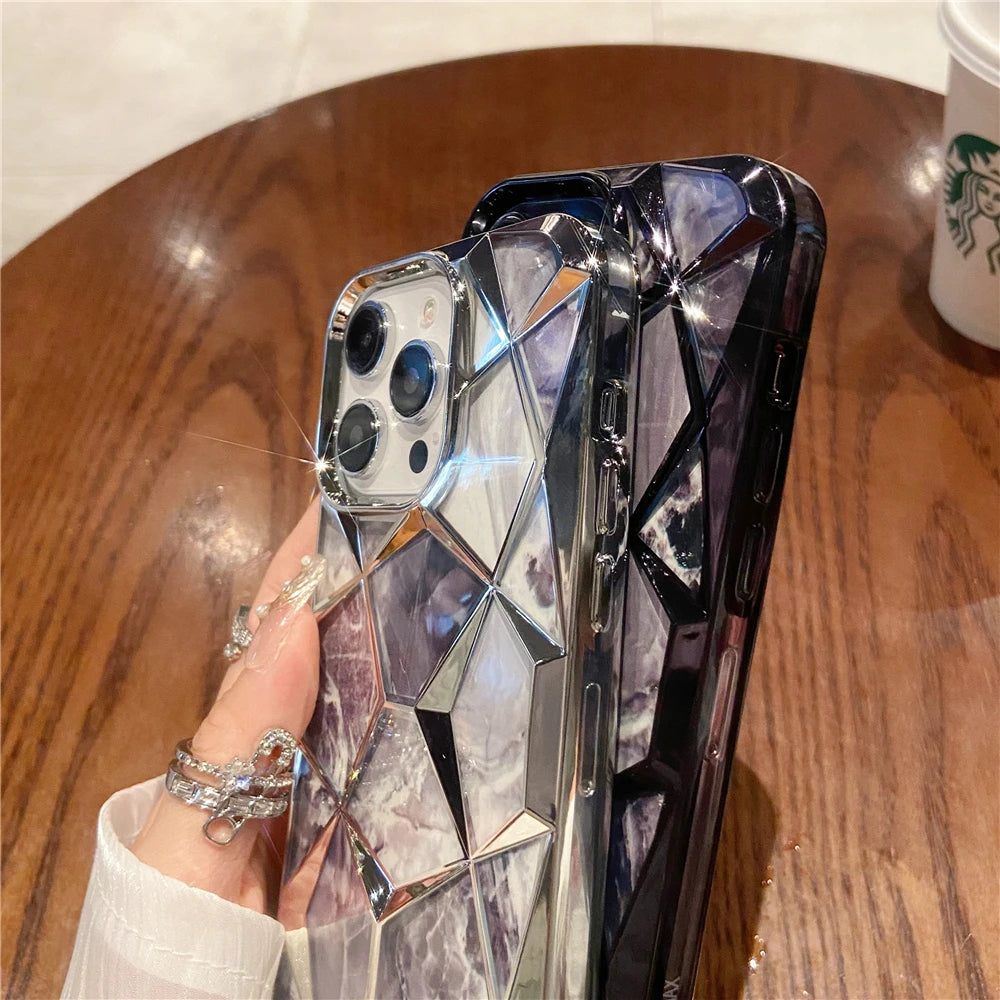 Plating Glitter Diamond Pattern Colorful Marble Phone Case For iPhone