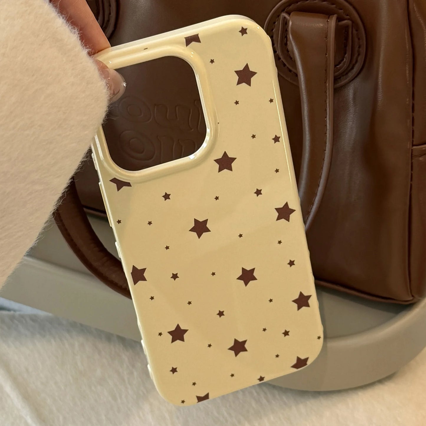 Korean Style Yellow Full Screen Brown Stars Soft Phone Case For iPhone