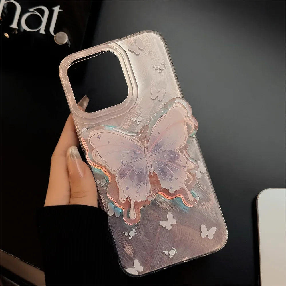 Luxury Laser Watercolor Butterfly Bracket Phone Case For iPhone