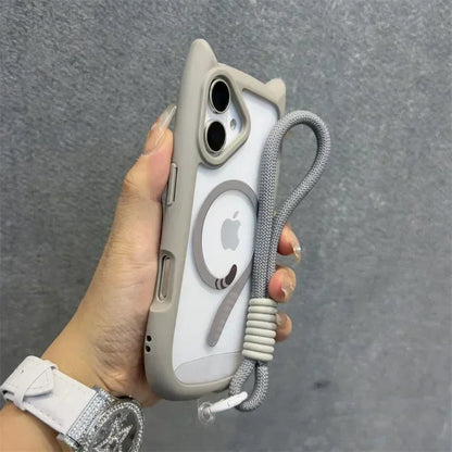 Cartoon Cat Ear Magnetic Lanyard Case Wristband Clear Soft Border Cover For iPhone