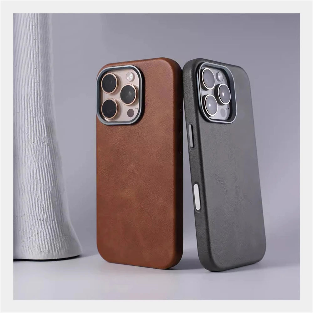 Luxury Retro Leather MagSafe iPhone Case with Magnetic Alloy Lens Cover
