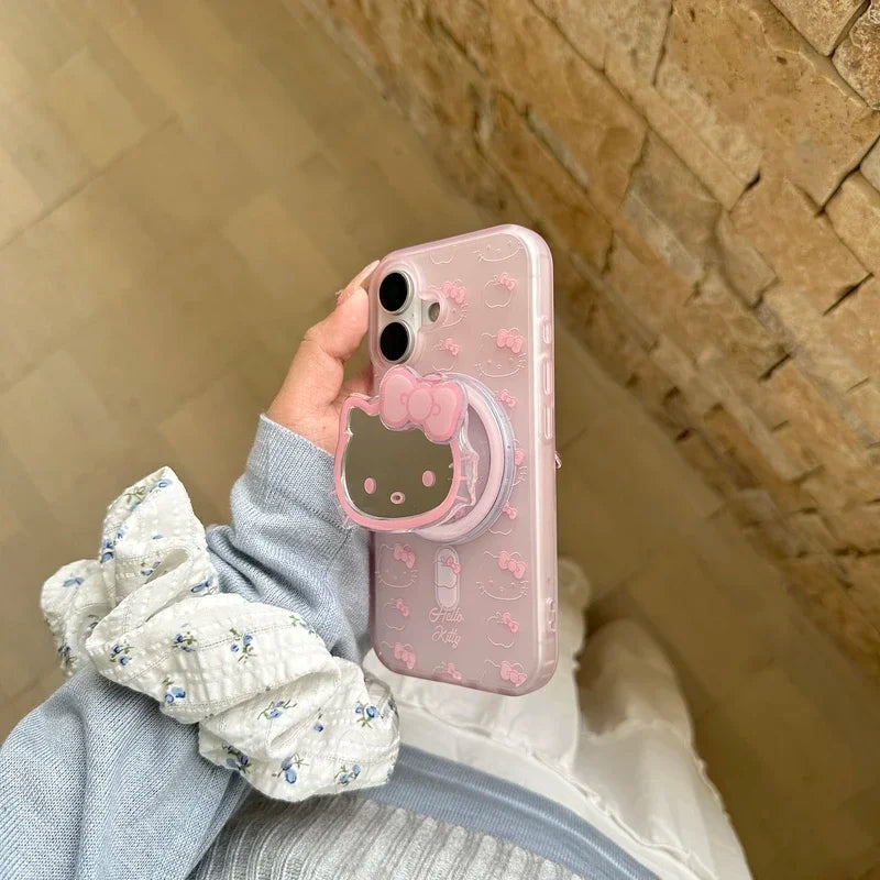Cute Sanrio Hello Kitty Magnetic Magsafe Wireless Charge Phone Case For iPhone Mirror Grip Holder Cover