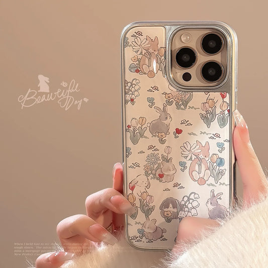 Korean INS Electroplated Frame Rabbit Pattern Vintage Phone Case For iPhone