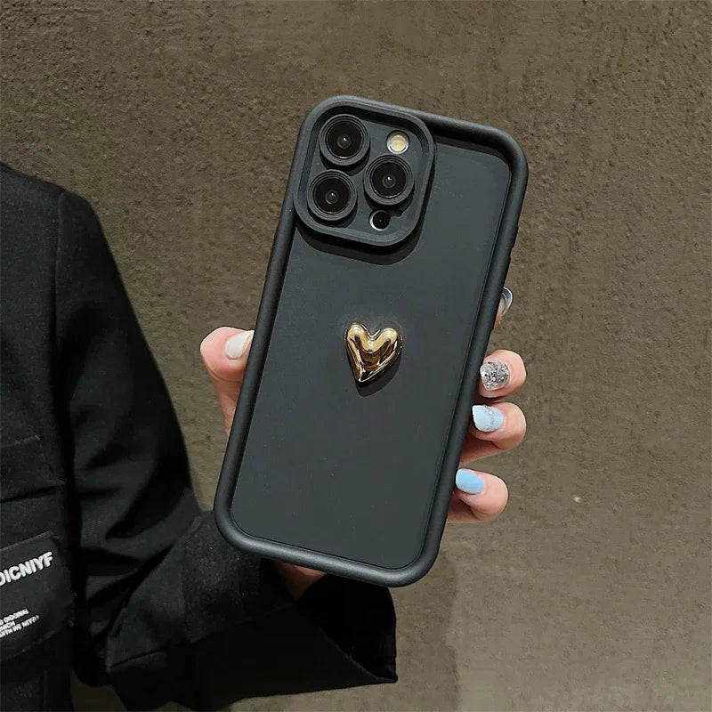 Luxury 3D Gold Heart Silicone Phone Case Shockproof Matte Cover For iPhone