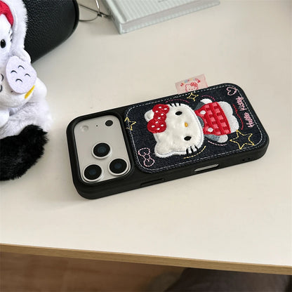 Luxury Denim Leather Pattern Cartoon Hello Kitty Case For iPhone Love Heart Stars Style Cover