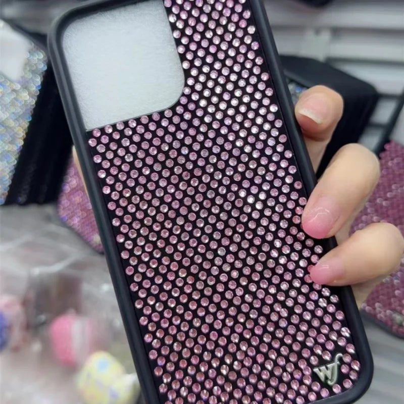 Wildflower Pink Black White Diamond Sparkling Phone Case For iPhone