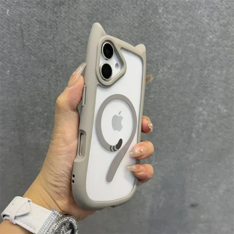 Cartoon Cat Ear Magnetic Lanyard Case Wristband Clear Soft Border Cover For iPhone