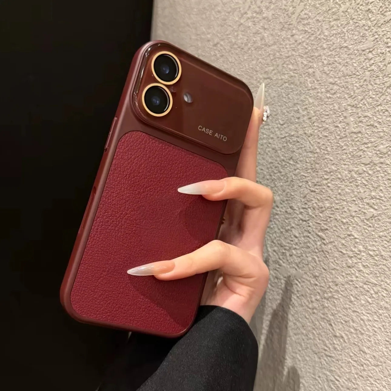 Creative Large Window Color Blocking PU Leather Case For iPhone Glass Lens Protective Cover Fundas