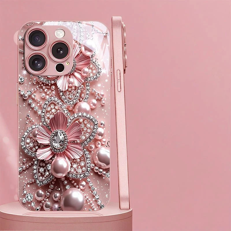 Pink Pearl Diamond Floral Pattern Pink Metallic Glass Phone Case For iPhone