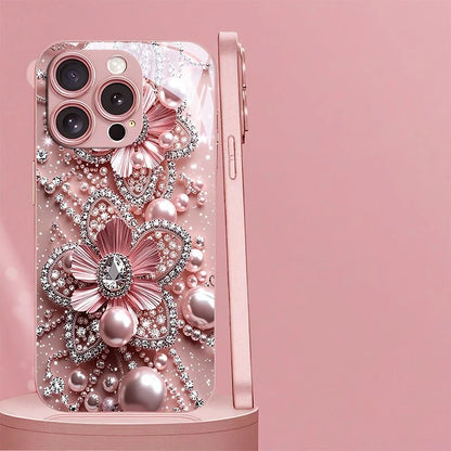 Pink Pearl Diamond Floral Pattern Pink Metallic Glass Phone Case For iPhone