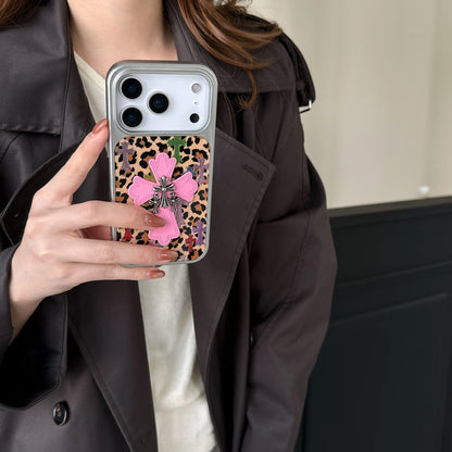 Silver-edged gold-plated leopard Print Pink Chrome Hearts phone case for iPhone