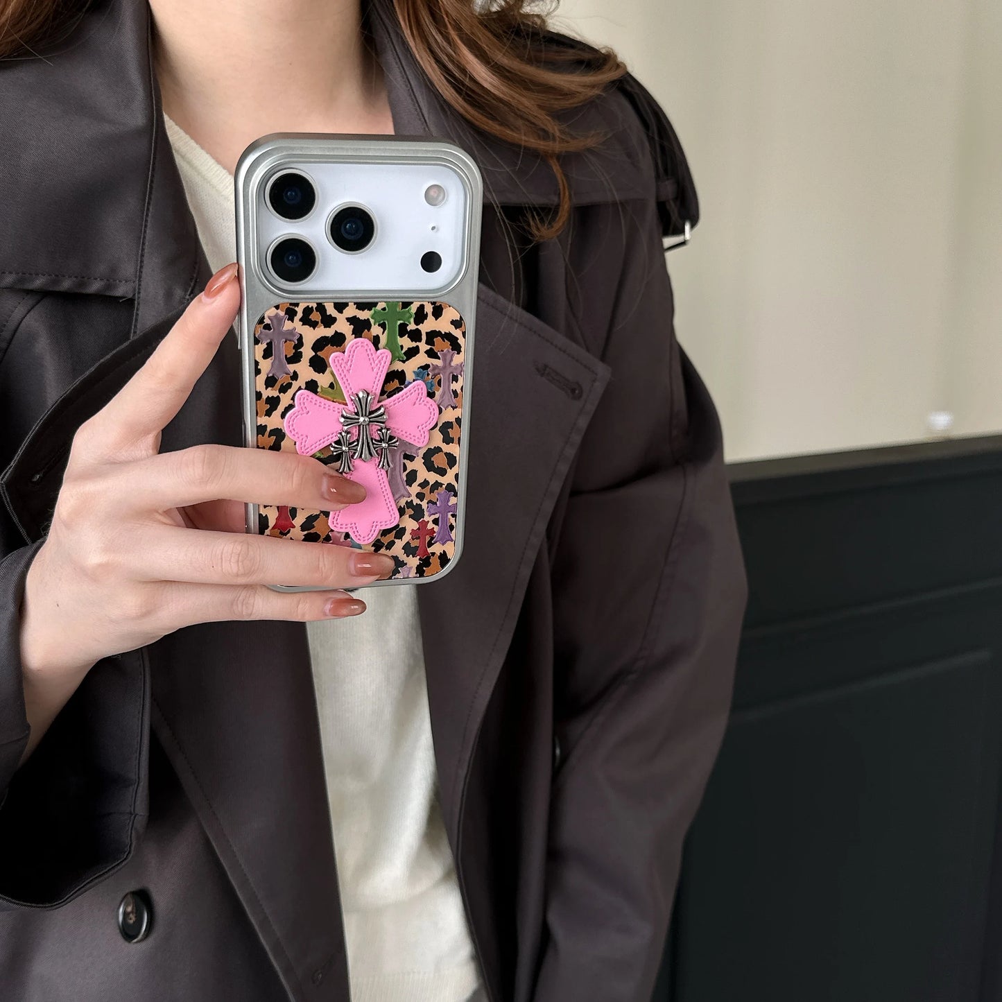 Silver-edged gold-plated Leopard Print Pink Chrome Hearts Phone Case For iPhone