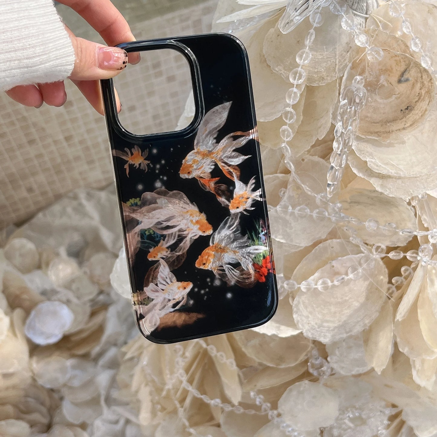 Elegant Black Glossy Koi Fish Phone Case With Glacial Texture