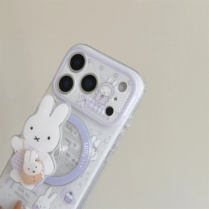 Korean INS Star Bow Rabbit With Magsafe Stand Phone Case For iPhone