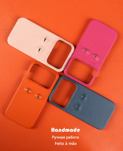 With Eyes Lychee Genuine Leather Case For iPhone