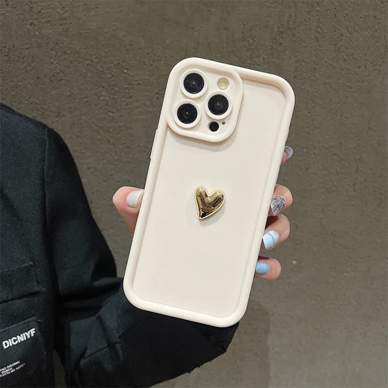 Luxury 3D Gold Heart Silicone Phone Case Shockproof Matte Cover For iPhone