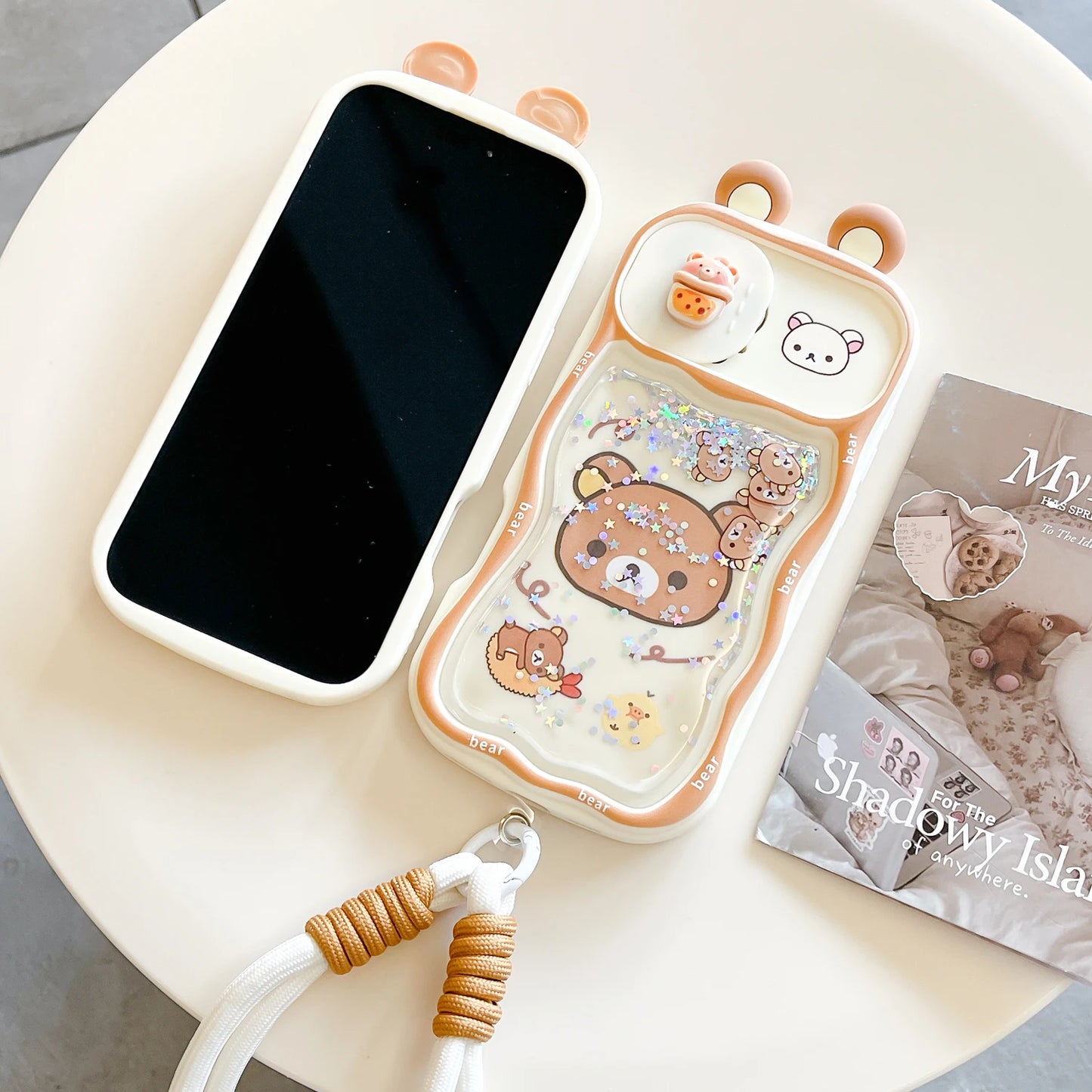 For iPhone Quicksand Ears Rilakkuma Sliding Window Protect Camera Case