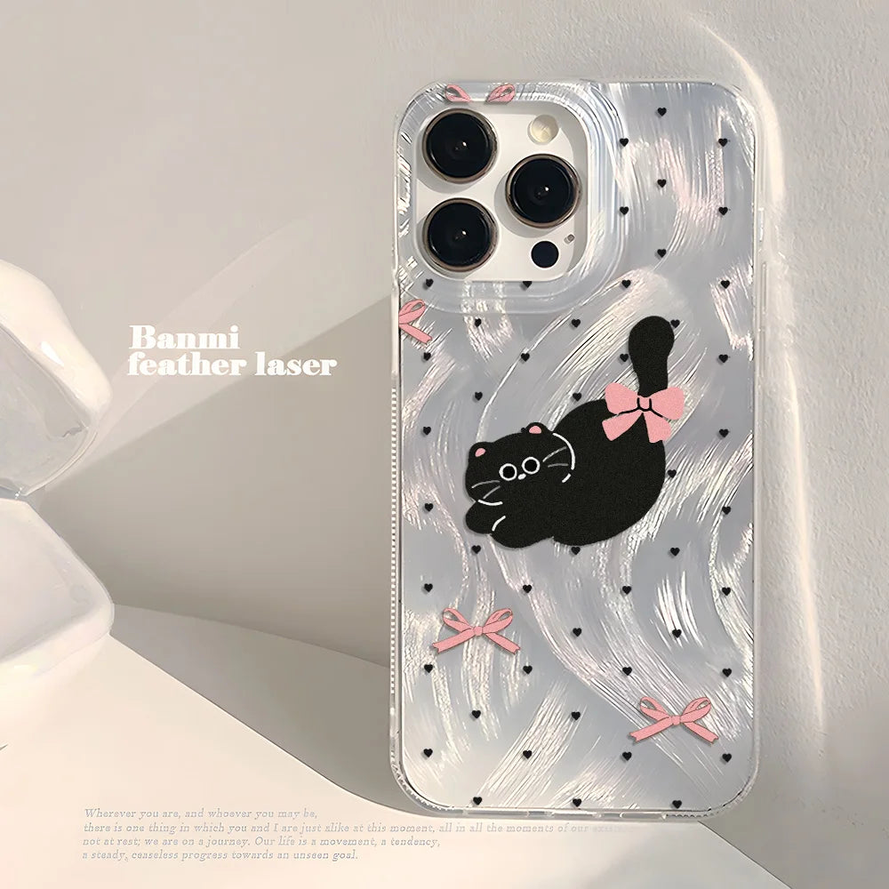 Laser Silver Black Cat iPhone Case With Feather-Texture Protection