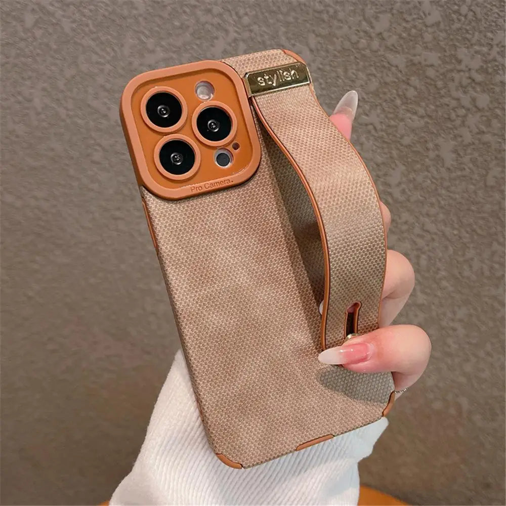 Luxury Leather Wrist Strap Holder Stand Phone Bracket Case For iPhone