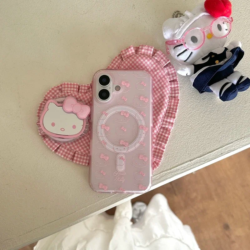 Cute Sanrio Hello Kitty Magnetic Magsafe Wireless Charge Phone Case For iPhone Mirror Grip Holder Cover