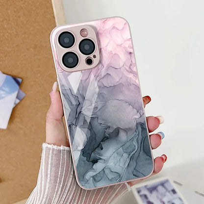Elegant Marble Pattern iPhone Case With Tempered Glass Cover