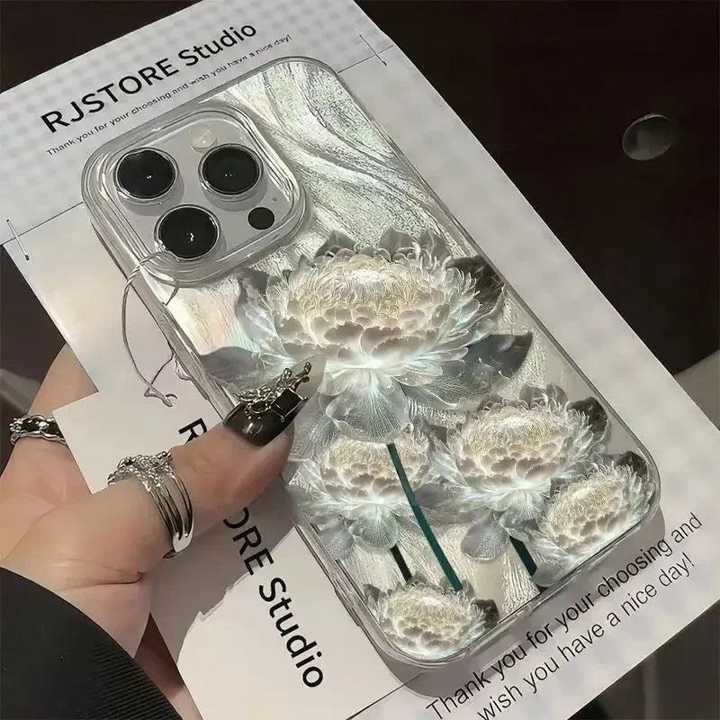 Five Golden Lotus Pattern Phone Case for IPhone Feather Texture Hard Cover