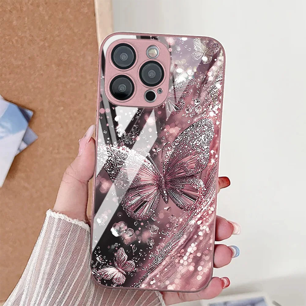Butterfly Phone Case For iPhone Shockproof Tempered Glass Cover Fundas