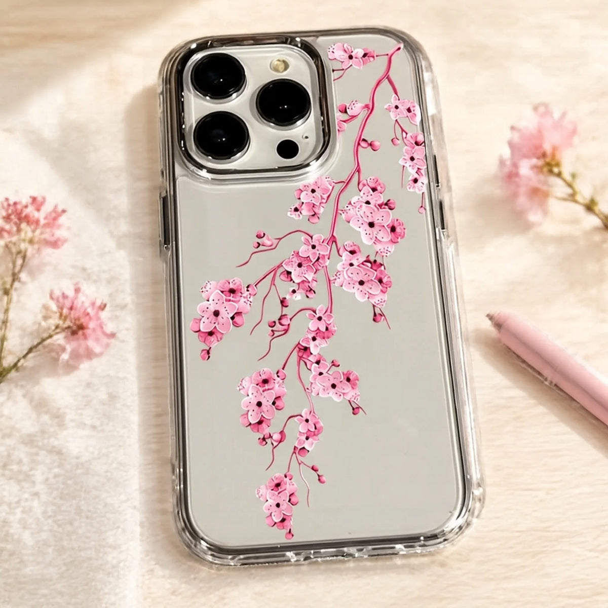 Elegant Pink Sakura Cherry Blossom Branch Pattern Phone Case For iPhone