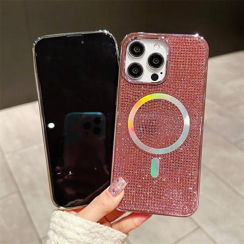 Luxury Glitter Solid Color Diamond Plating Magnetic Phone Case For iPhone
