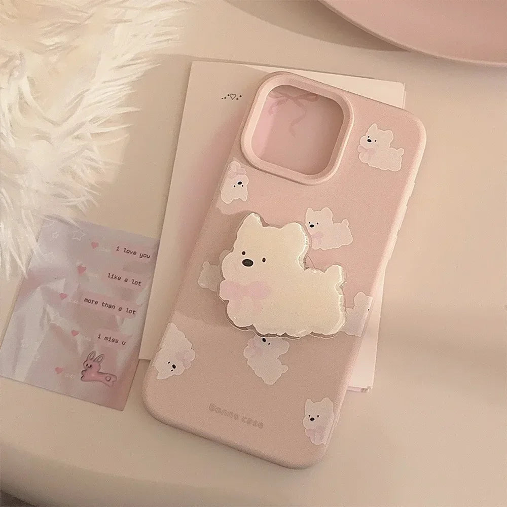 Cute Cartoon Bowknot Puppy Bracket With Chain Bracelet Phone Case For iPhone