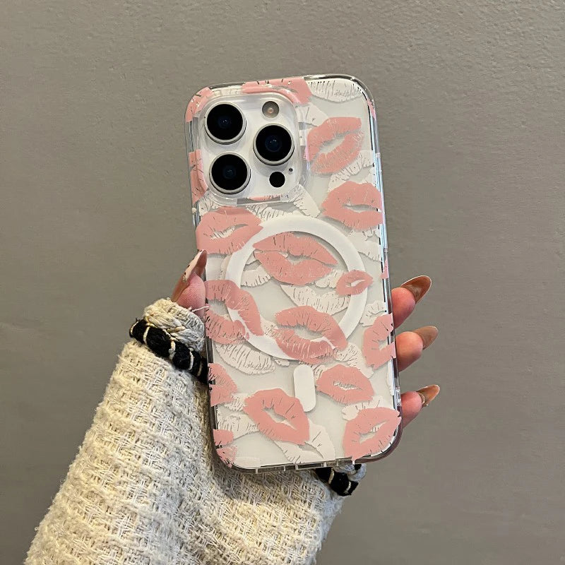 Fashion Pink Lip Print Magnetic Wireless Charing Phone Case