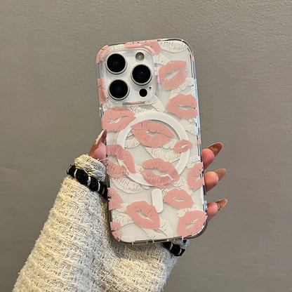 Fashion Pink Lip Print Magnetic Wireless Charing Phone Case