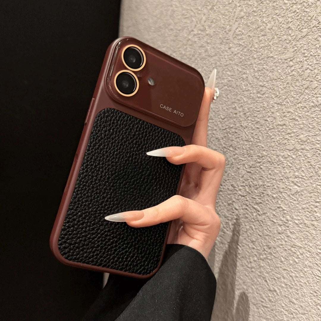 Creative Large Window Color Blocking PU Leather Case For iPhone Glass Lens Protective Cover Fundas