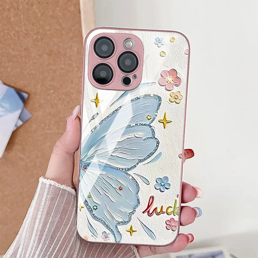 Cute Cat Phone Case For iPhone  Tempered Glass Shockproof Cover