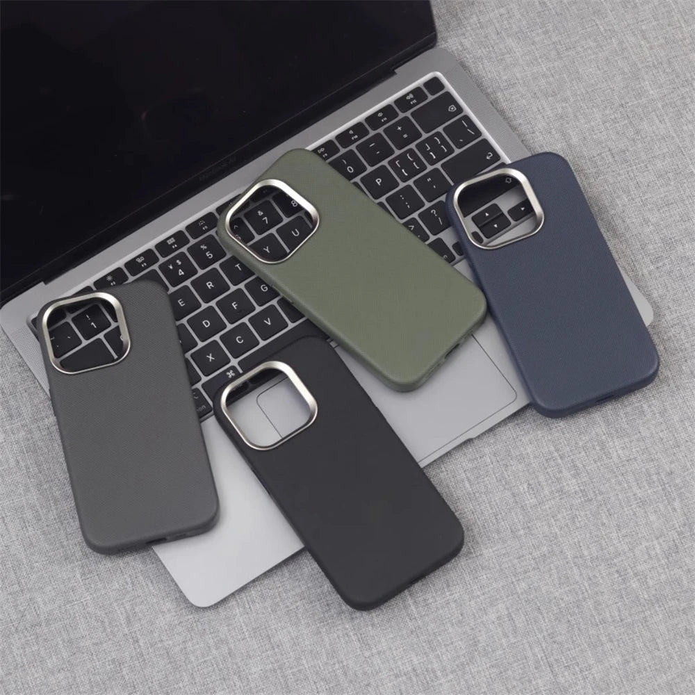 Luxury Alloy Lens Frame Particle PU Leather Magnetic Case For iPhone