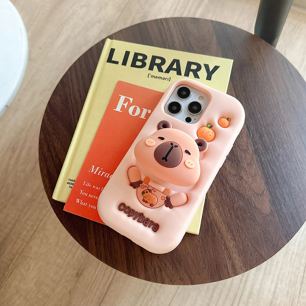 3D Cartoon Copybara Case Soft Silicone Cover With Stand Holder For iPhone