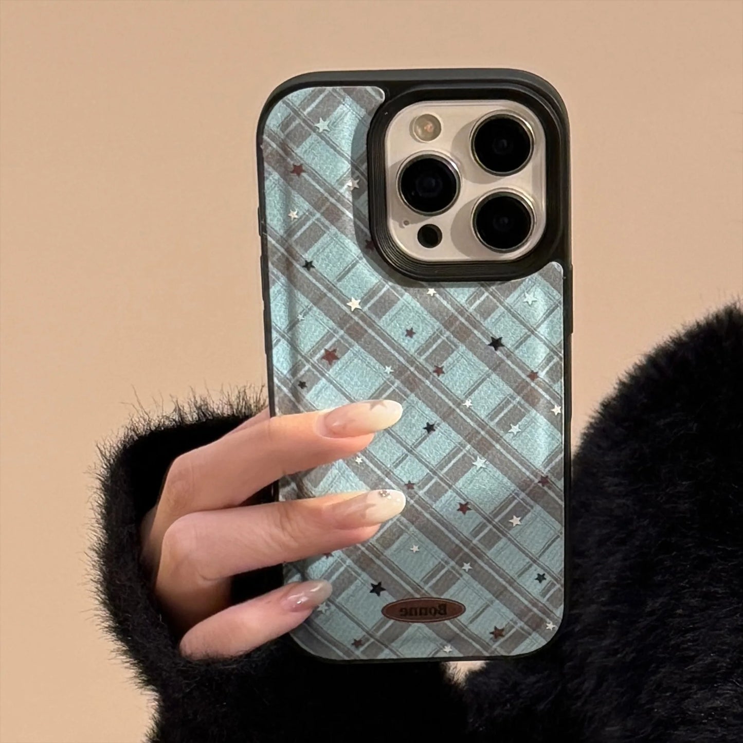 Korean Geometric Checkered Stars Leather Texture Phone Case For iPhone