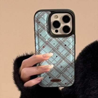 Korean Geometric Checkered Stars Leather Texture Phone Case For iPhone
