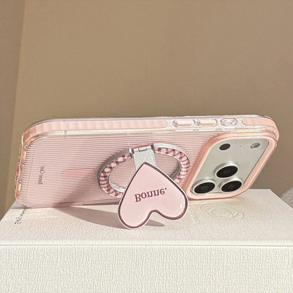 Korean Pink Striped With Plaid Love Heart Bracket Magnetic Phone Case For iPhone