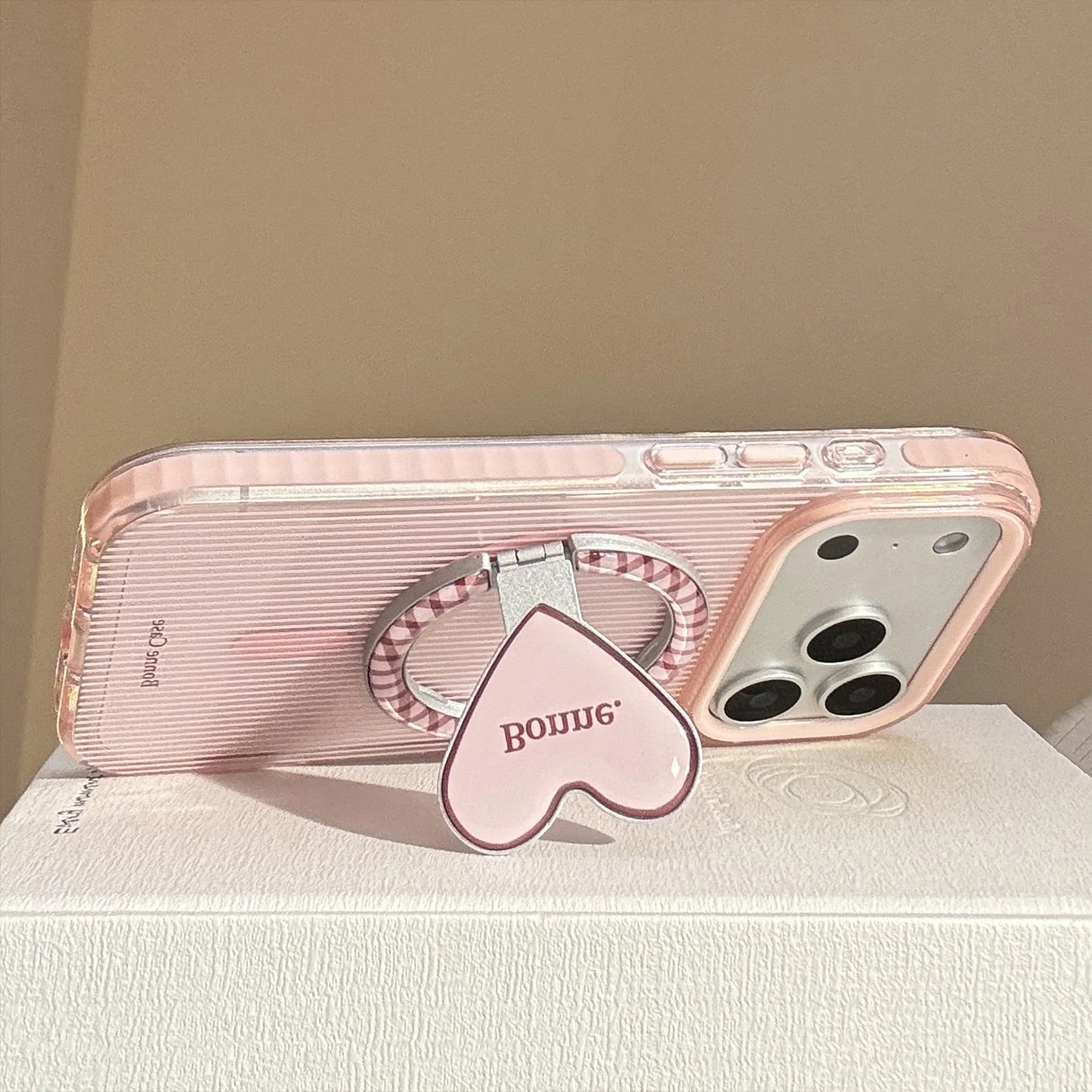 Korean Pink Striped With Plaid Love Heart Bracket Magnetic Phone Case For iPhone