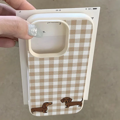 Dachshund Plaid Phone Case For iPhone Brown Checkerboard Two Dogs Design Leather Soft Cover